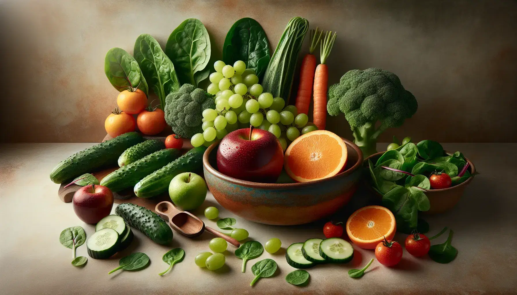 Selección de frutas y verduras frescas con manzana roja, rodajas de naranja, uvas verdes, ensalada mixta en cuenco, brócoli y zanahoria en superficie neutra.