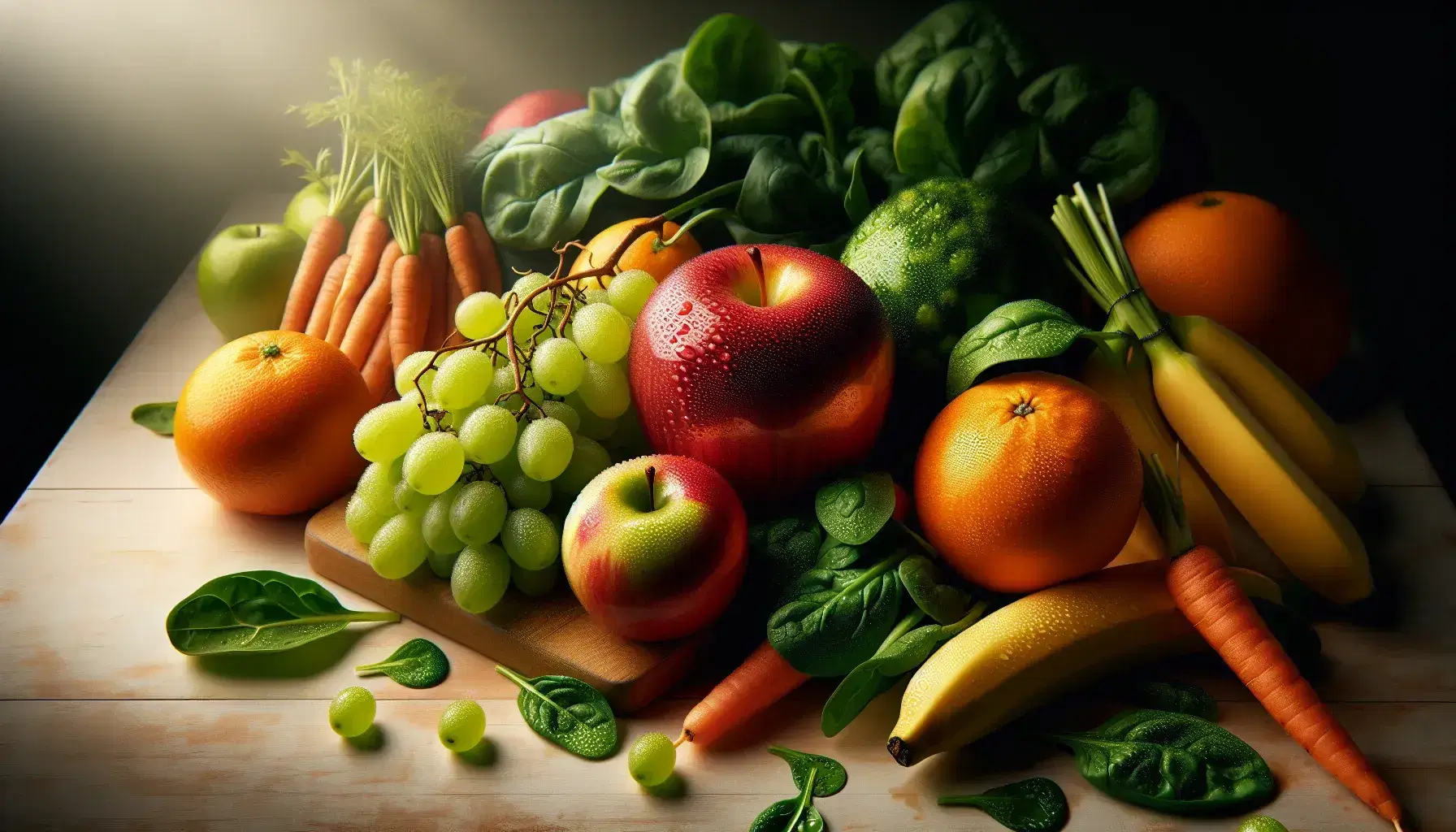 Variedad de frutas y verduras frescas sobre superficie de madera clara, con manzana roja con gotas de agua, uvas verdes, naranja, banana madura, hojas de espinaca y zanahoria.