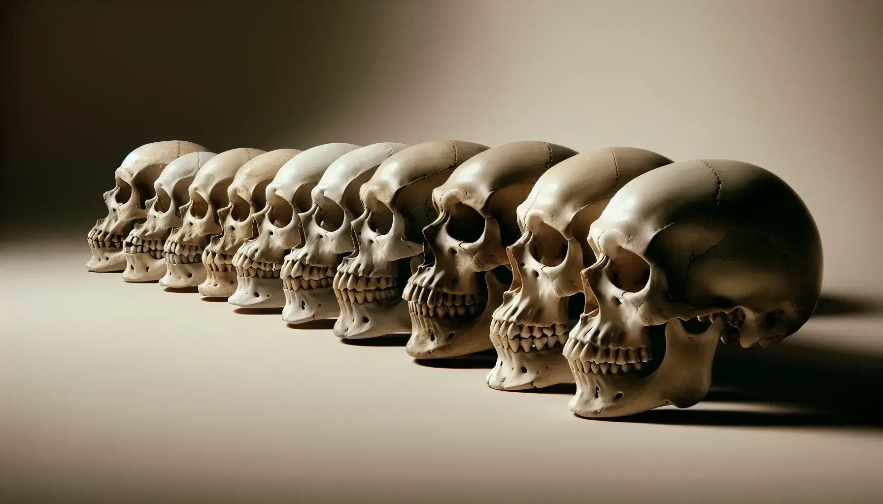 Secuencia de cráneos humanos y homínidos en perfil, mostrando evolución desde rasgos primitivos a modernos en superficie neutra.