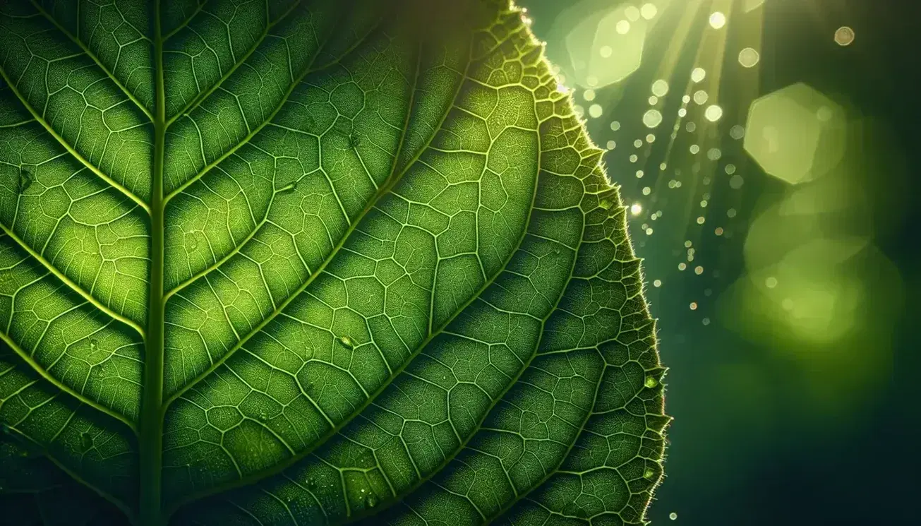 Vibrant green leaf in foreground with network of veins and sparkling water drops, illuminated by diffused sunlight on green-yellow blurred background.