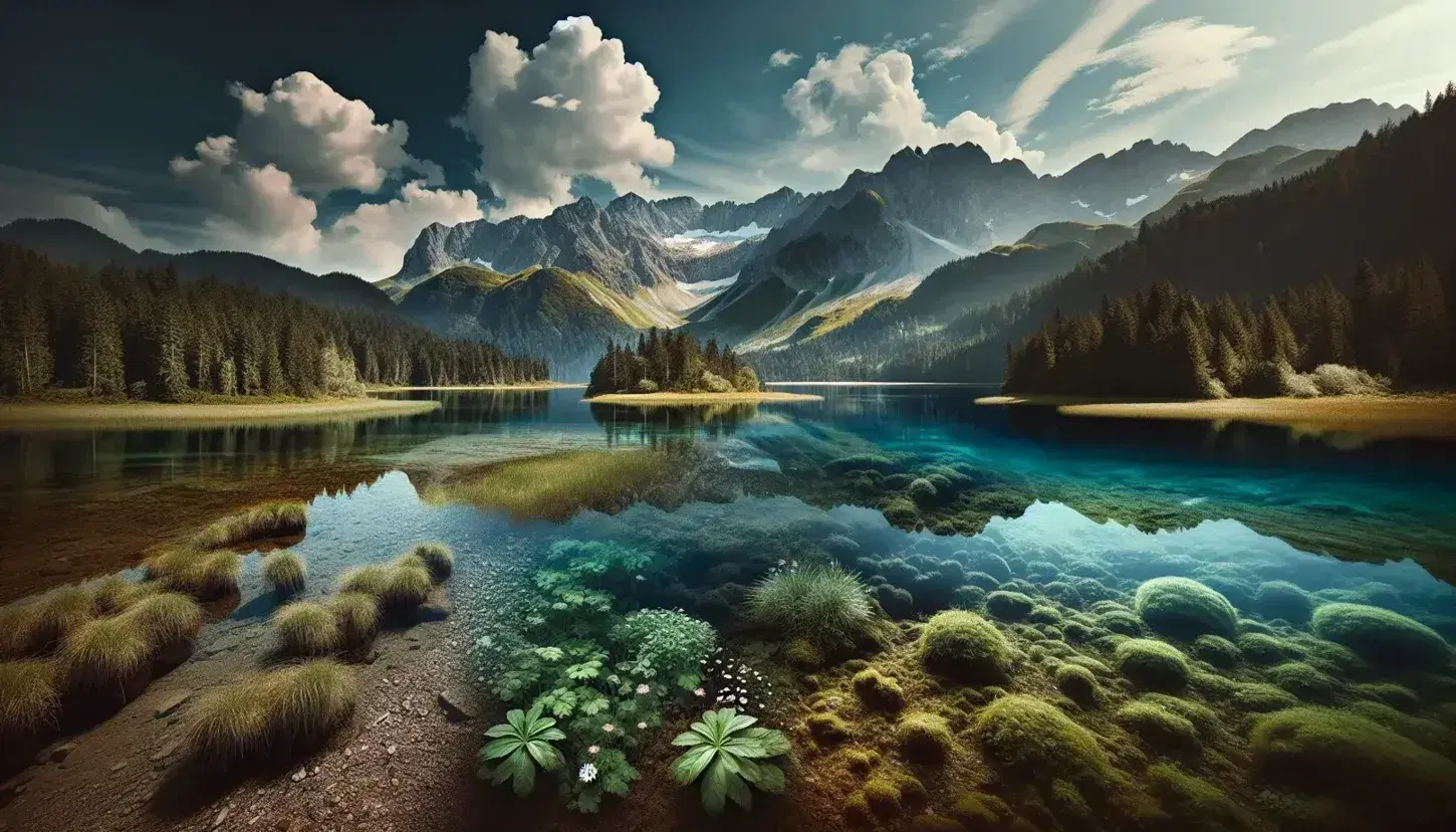 Paisaje natural con montañas nevadas, lago cristalino reflejando cielo azul y nubes, vegetación diversa, aves acuáticas y un ciervo bebiendo agua.