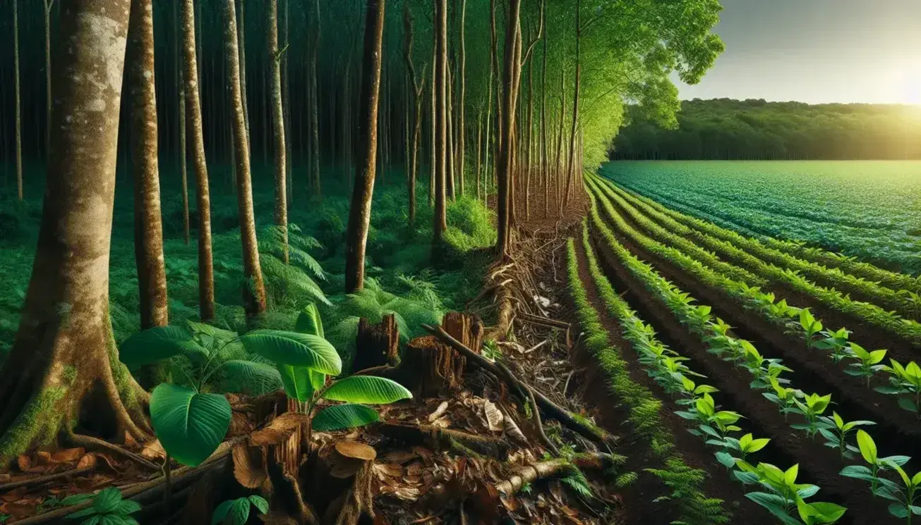 Lush forest edge meets a neatly planted crop field, showcasing a stark contrast between wild and cultivated greenery under a warm, sunlit sky.