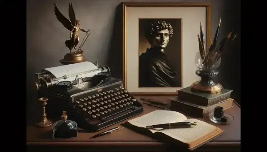 Scrivania in legno con macchina da scrivere vintage, penna stilografica, calamaio, libro aperto e statuetta alata, sotto luce calda.
