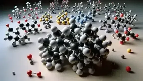 Three-dimensional molecular models with carbon, hydrogen, oxygen, nitrogen and sulfur atoms connected by gray rods on neutral background.