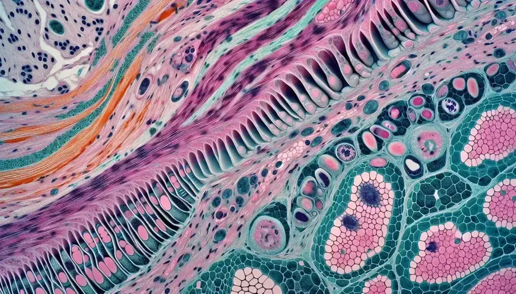 Micrografía electrónica a color de tejidos humanos, mostrando músculo estriado, tejido conectivo, epitelial y nervioso con células y fibras destacadas.