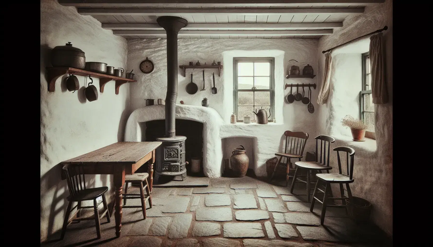 Rustic 1930s Irish cottage kitchen with whitewashed walls, stone floor, wooden table, cast-iron stove, and countryside view through a window.