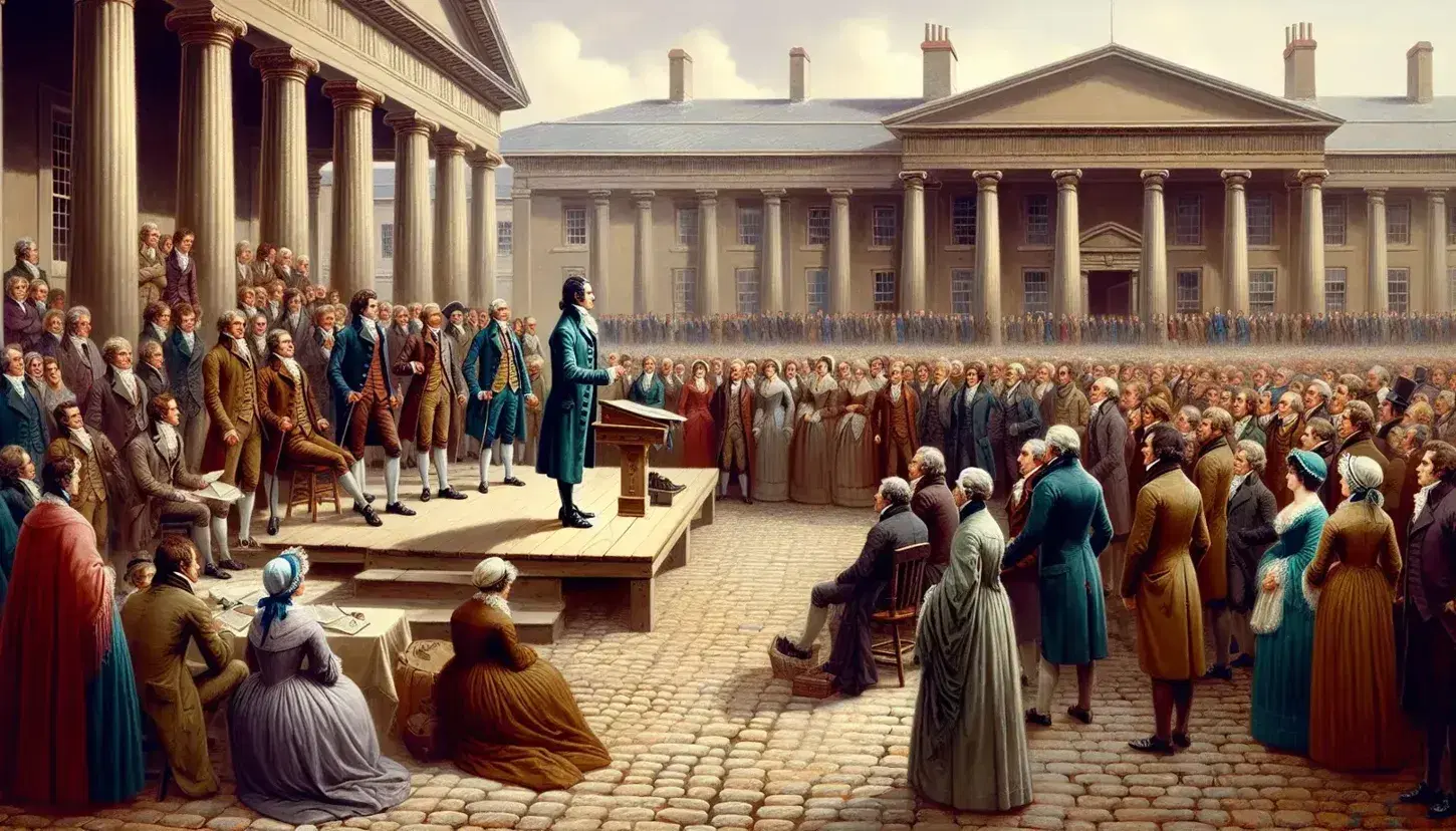 Grupo de personas en atuendos del siglo XVIII escuchando a un hombre proclamar un documento en una plaza con edificios clásicos de fondo.