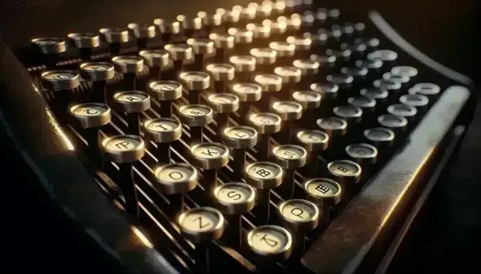 Primer plano de teclado de máquina de escribir antigua con teclas redondas y desgastadas en tonos de negro y marfil, iluminadas parcialmente, sobre fondo oscuro borroso.