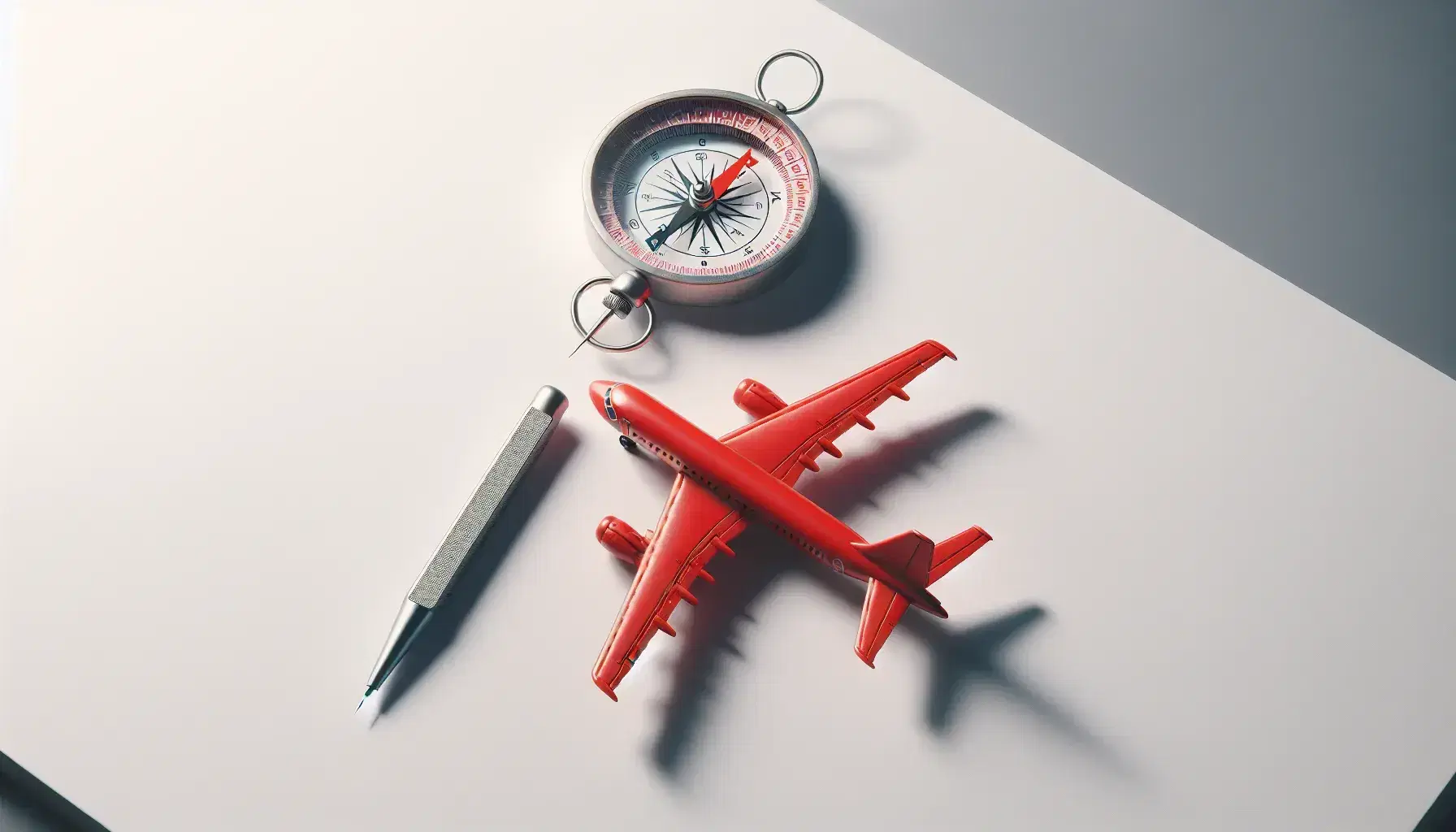 Bright red toy airplane with outstretched wings and a silver compass with arms extended on a white background, illustrating travel and navigation concepts.