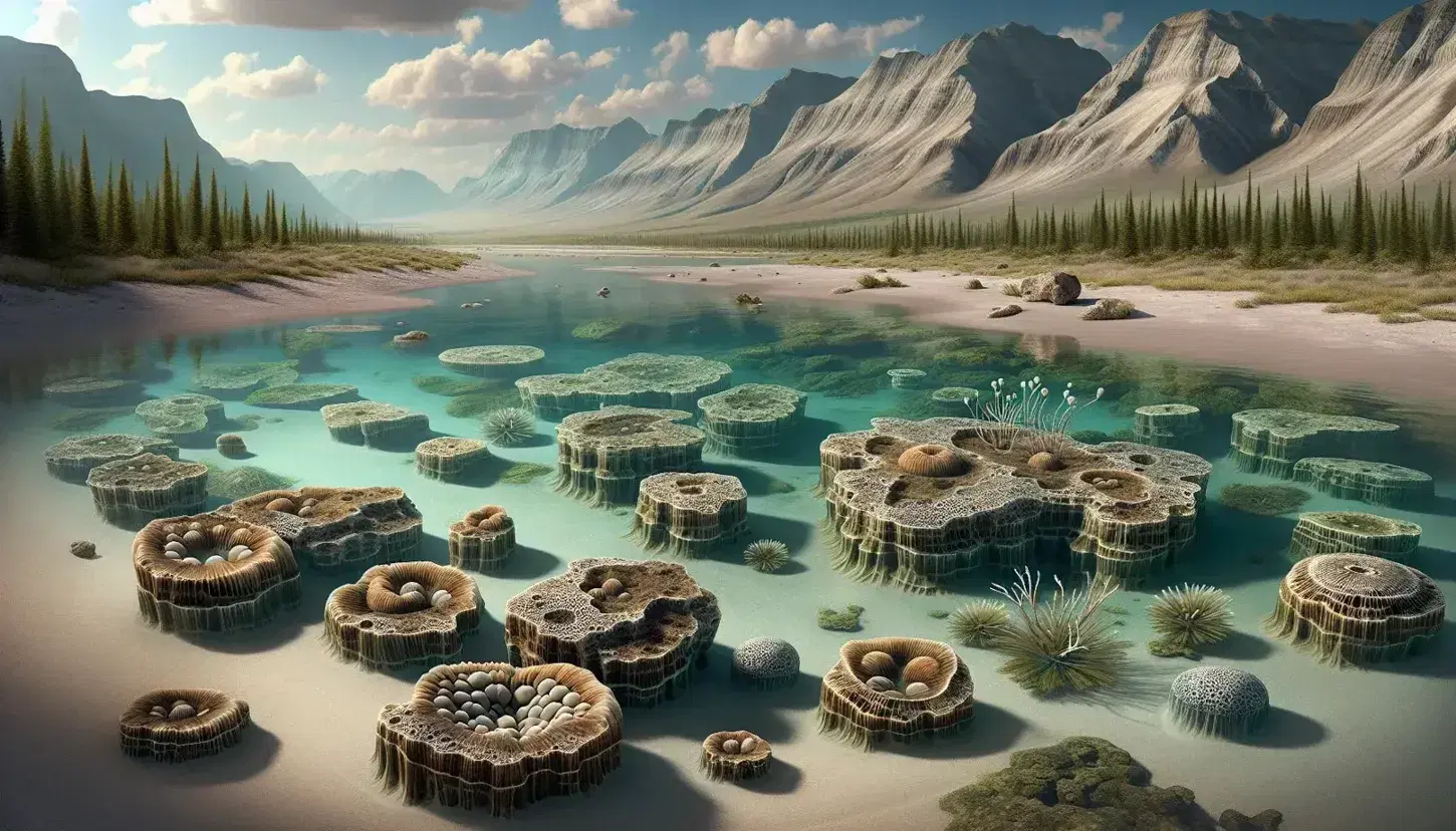 Paisaje primitivo con estromatolitos en aguas azul-verdosas, playa arenosa y montañas al fondo bajo cielo azul con nubes dispersas.