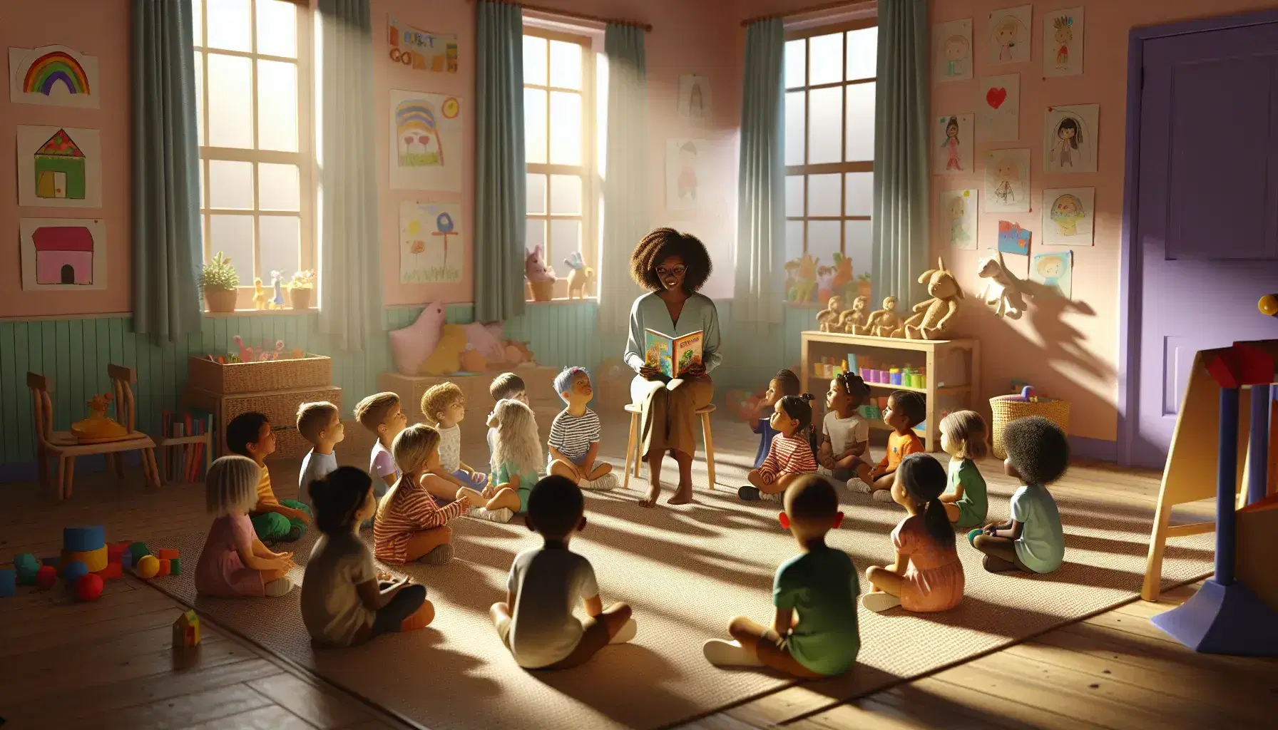 Grupo diverso de niños atentos en círculo con maestra leyendo un libro, en aula con juguetes educativos y decoración infantil.