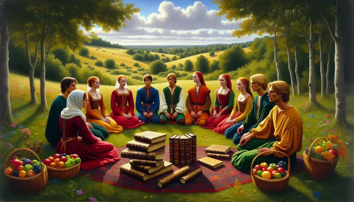 Giovani adulti in abiti medievali colorati seduti in cerchio su un prato, con libri antichi al centro e cesto di frutta in basso a destra.