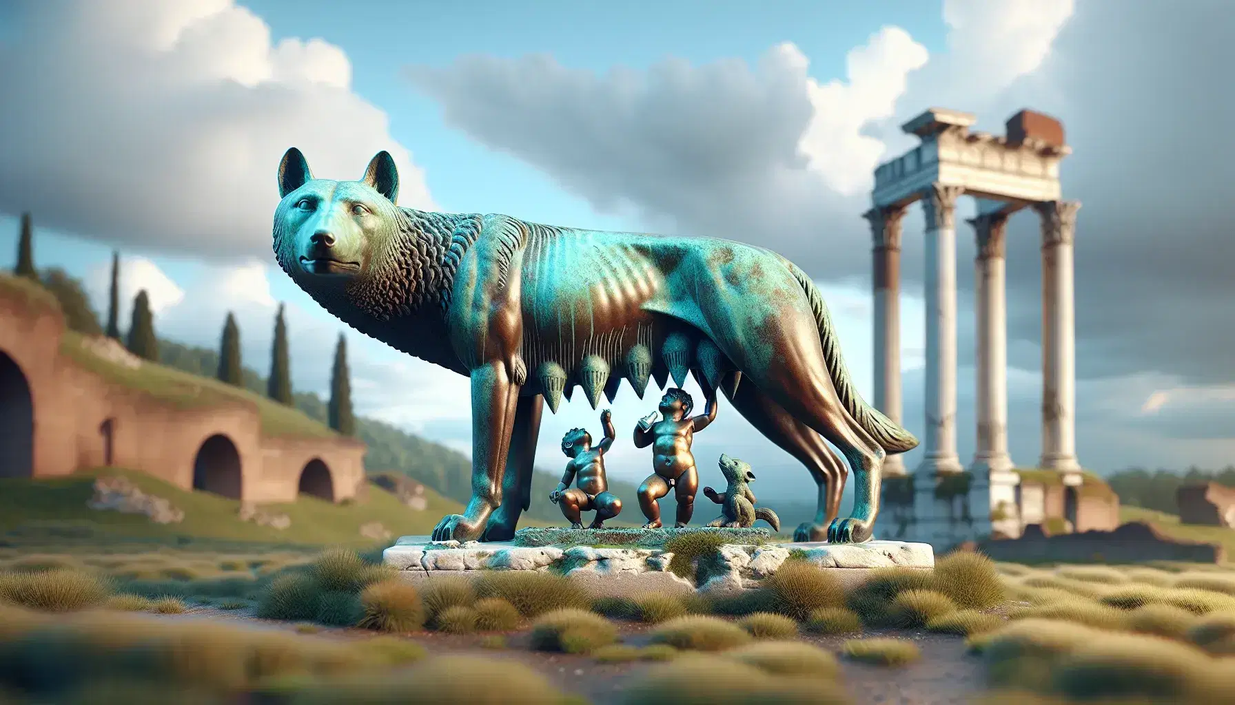 Lupa Capitolina in bronzo con Romolo e Remo sotto, su terreno erboso con colonne romane rovinate e piante rampicanti sullo sfondo.