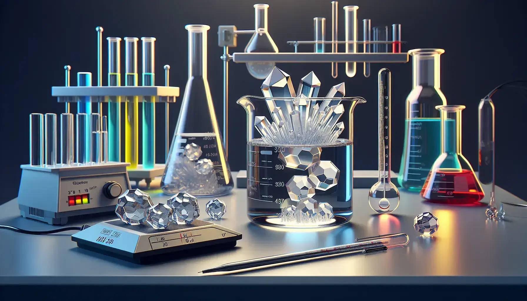 Laboratorio con becher trasparente contenente cristalli incolore, termometro in becher secondario e piastra riscaldante nera, bottiglie colorate sullo sfondo.