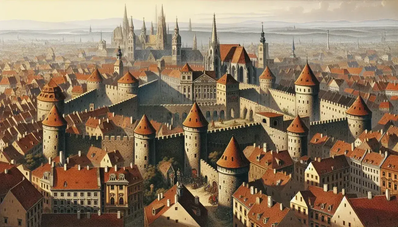 Panoramic 16th-century view of Vienna with fortified walls, defensive towers, and St. Stephen's Cathedral spire against a backdrop of green hills.