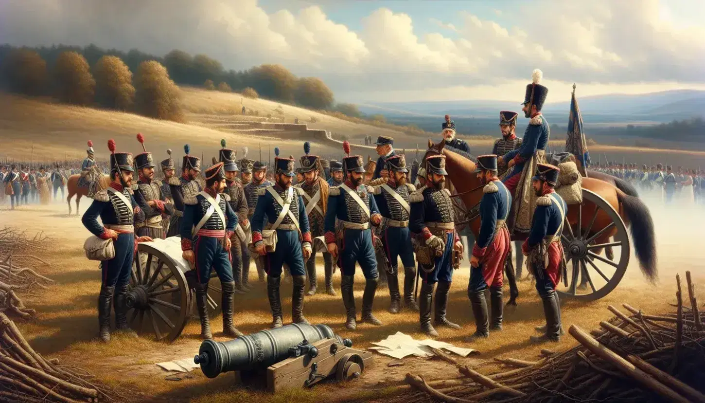 Soldati in uniforme blu e rossa dell'epoca della Seconda Guerra d'Indipendenza italiana discutono all'aperto vicino a un cannone d'epoca, con paesaggio collinare sullo sfondo.