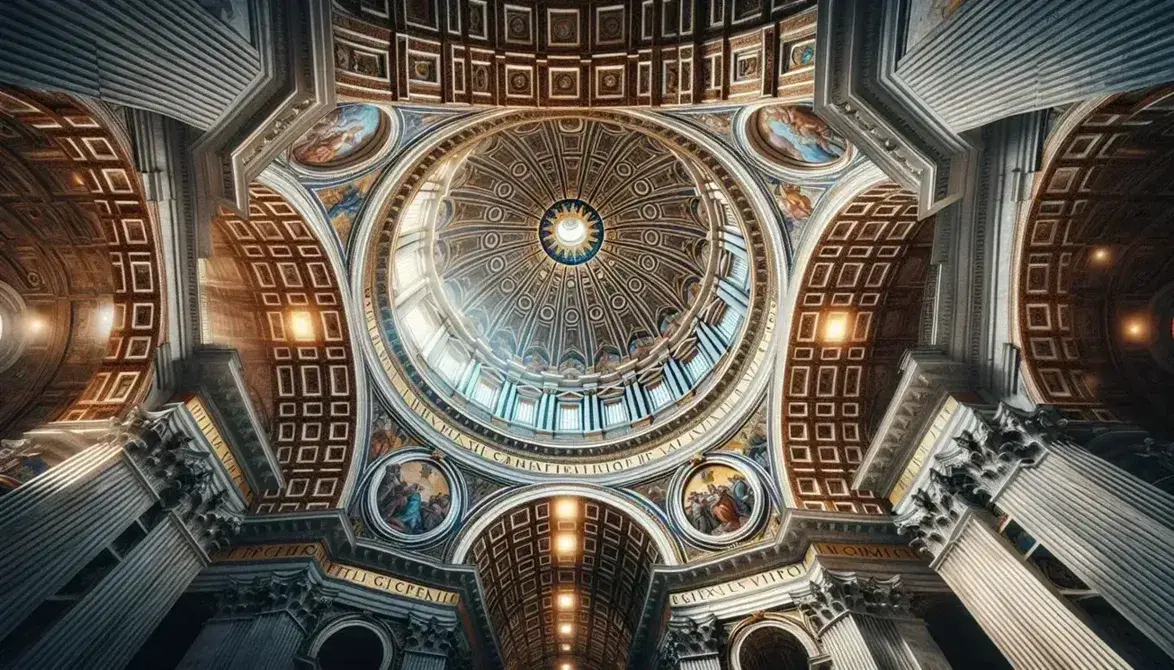 Interno della cupola di San Pietro con mosaici dorati e affreschi, luce naturale filtra dalle finestre ovali illuminando i dettagli architettonici.