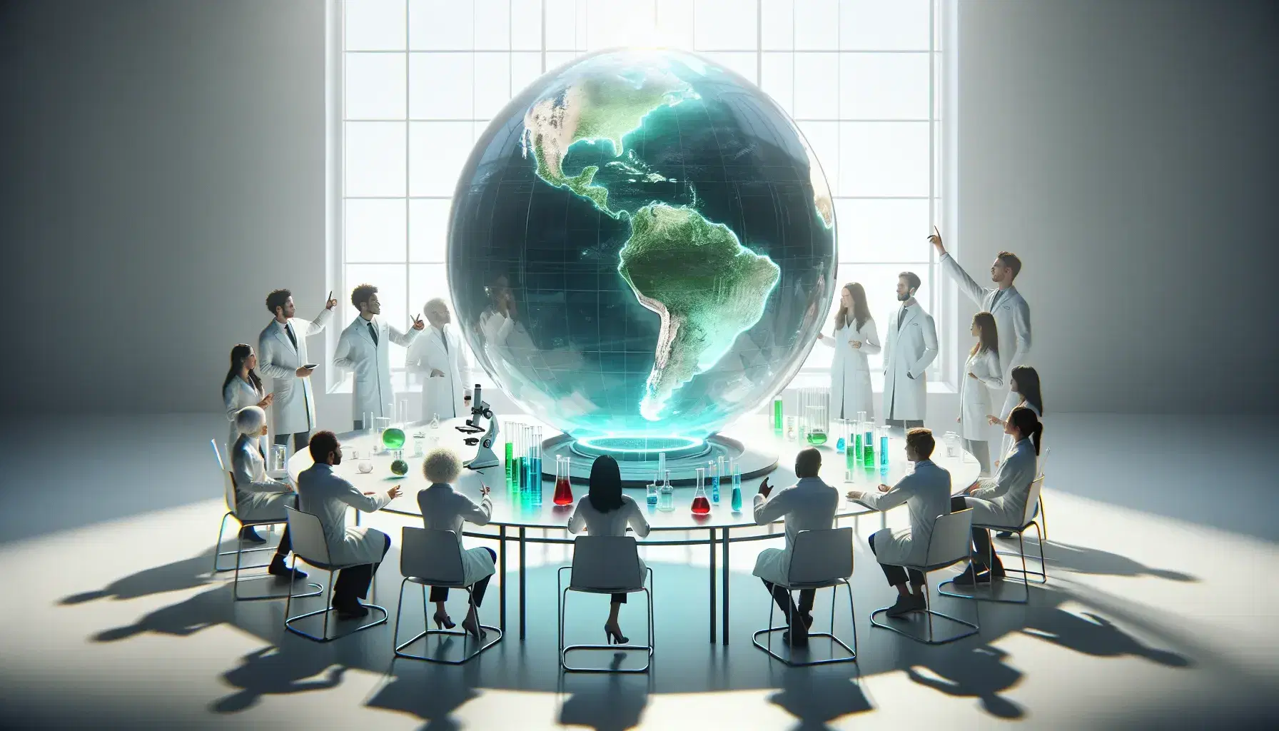 Grupo diverso de científicos discutiendo alrededor de una mesa con un globo iluminado y material de laboratorio como microscopio y tubos de ensayo.