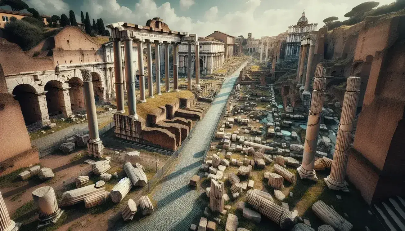 Vista aerea parziale delle rovine del Foro Romano con colonne erette, strada acciottolata e archi di un acquedotto sullo sfondo.