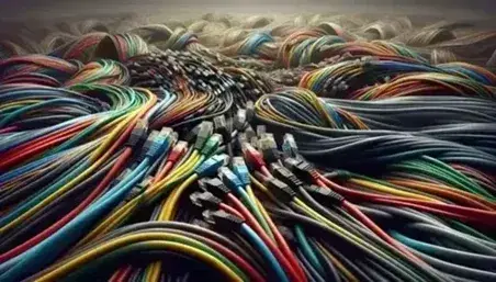 Cables Ethernet coloridos entrelazados con conectores RJ45, destacando una mezcla de rojo, azul, verde, amarillo y negro sobre fondo gris.
