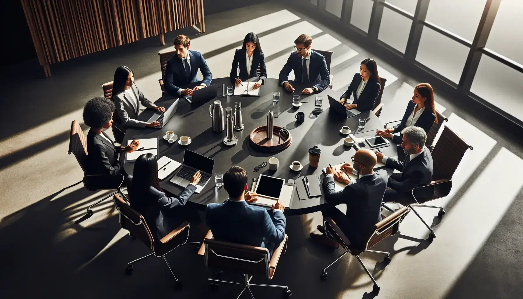 Diverse team in business attire at a conference table with laptops and notepads, East-Asian woman leading a meeting in a bright, modern office.