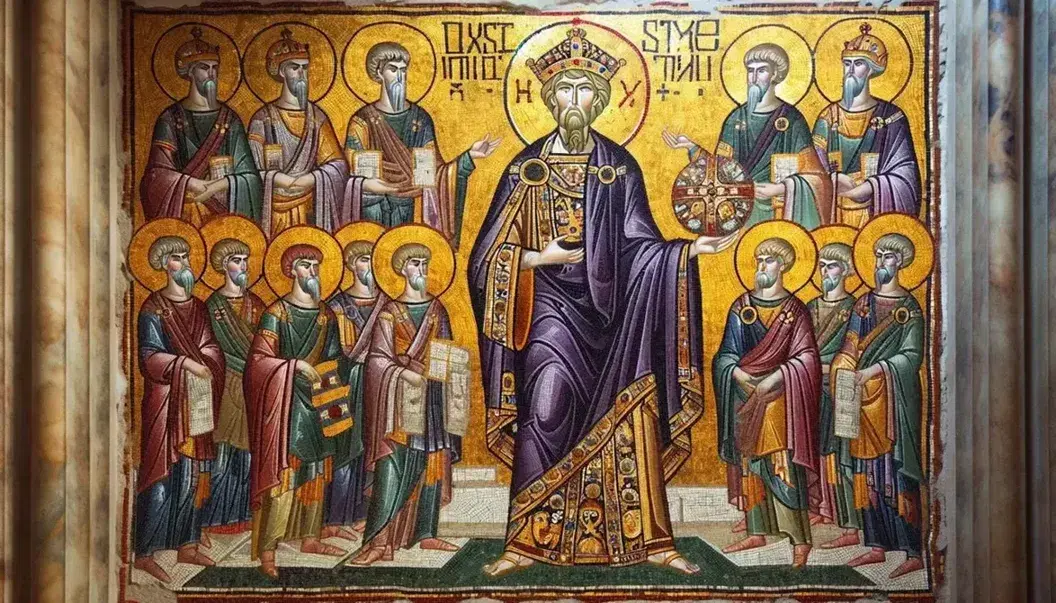 Mosaico bizantino con figura regale in tunica porpora e mantello imperiale, circondato da entourage in abiti formali e armature, su sfondo dorato.