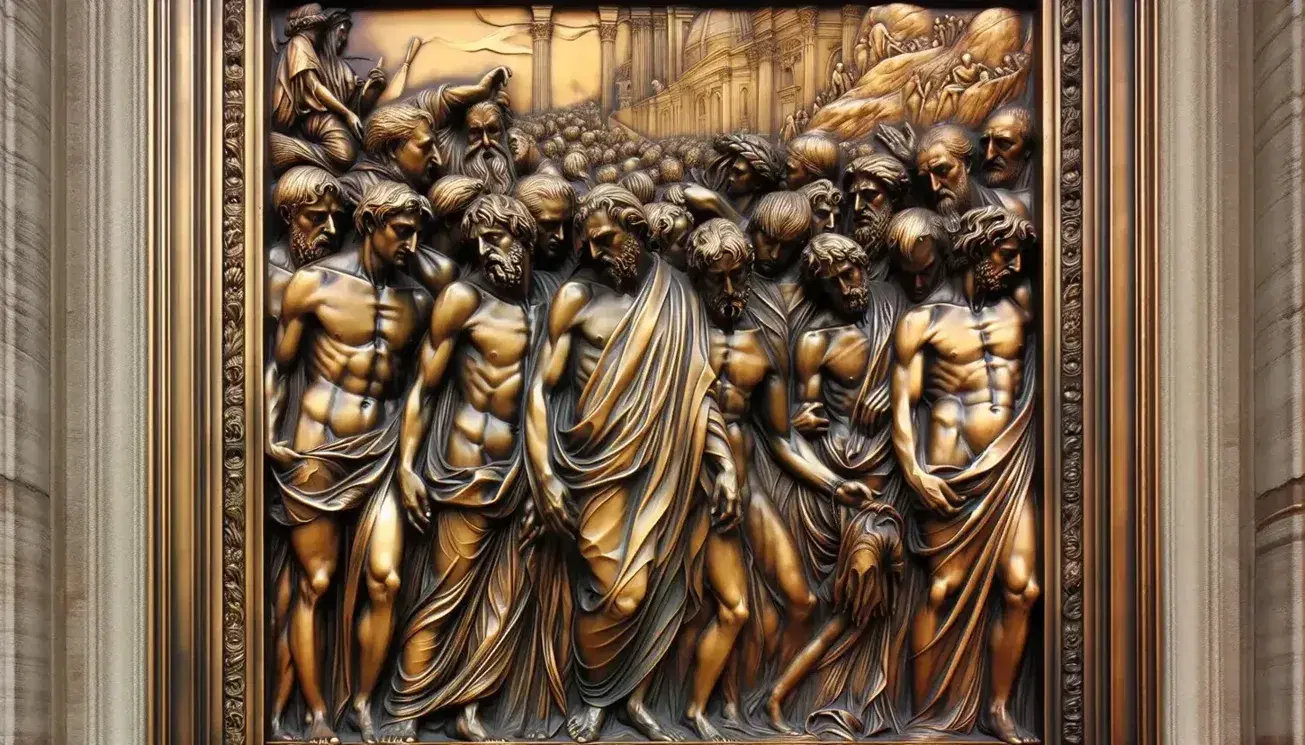 Pannello in bronzo delle Porte del Paradiso di Ghiberti, con figure bibliche in rilievo, dettagli espressivi e elementi architettonici.