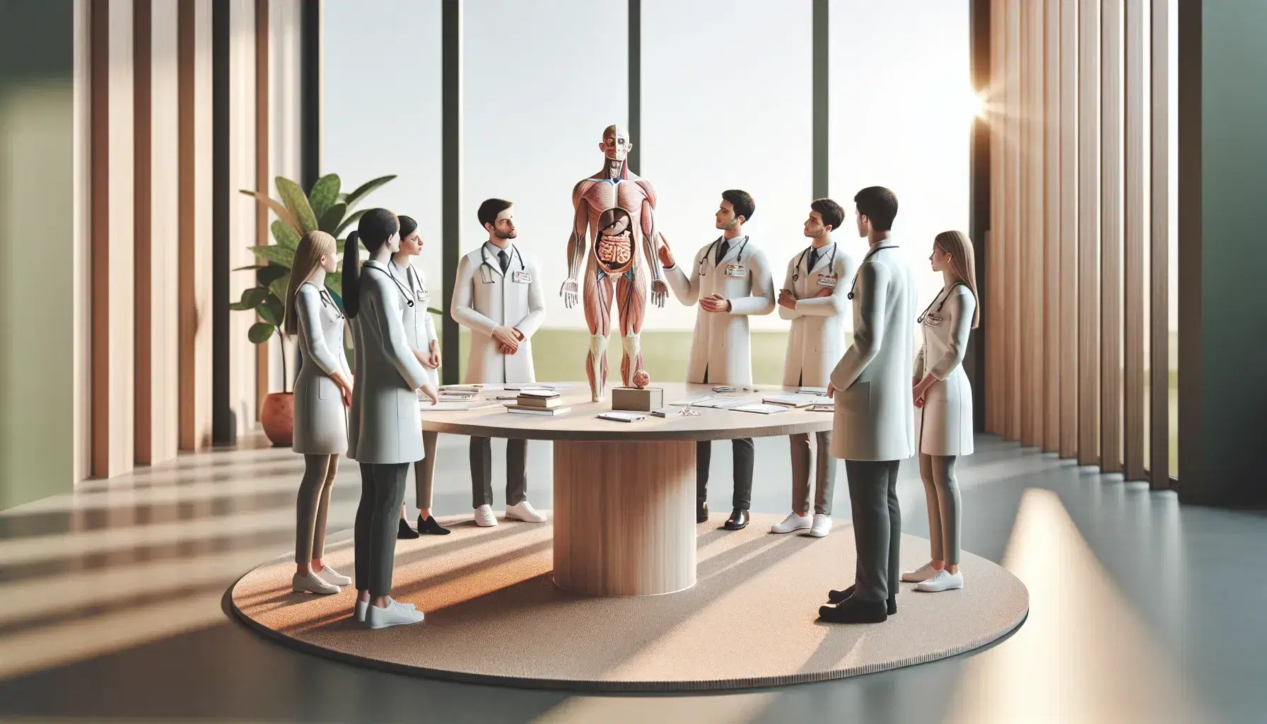 Gruppo di medici in camici analizza modello anatomico umano su tavolo rotondo in ambiente luminoso con pianta verde.