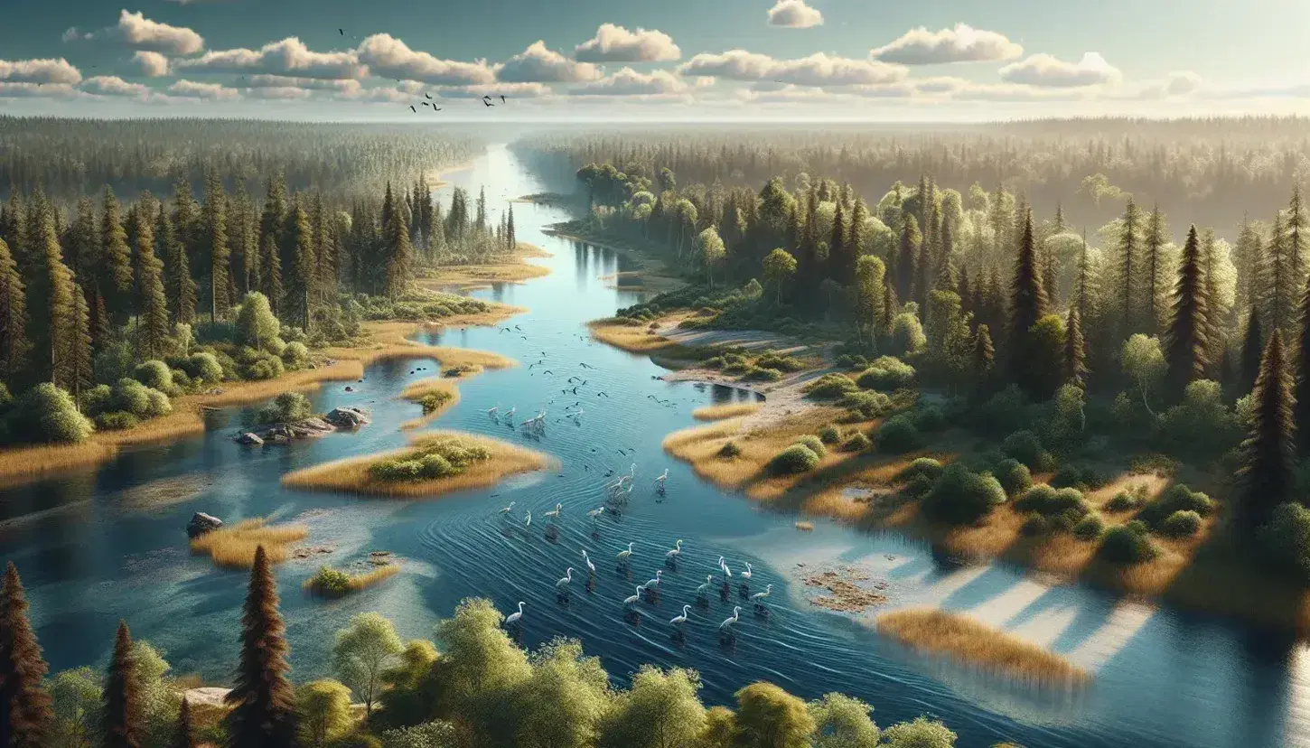 Río serpenteante fluyendo por bosque denso con árboles variados y aves acuáticas, reflejando la luz del sol en aguas cristalinas bajo cielo azul con nubes.