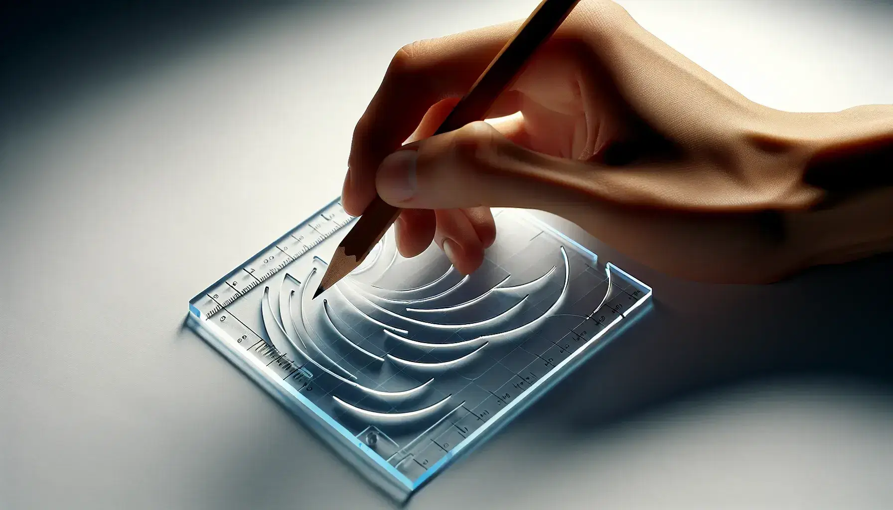 Close-up view of a hand holding a blue acrylic graphing stencil and pencil against white paper, ready to draw curves and lines.