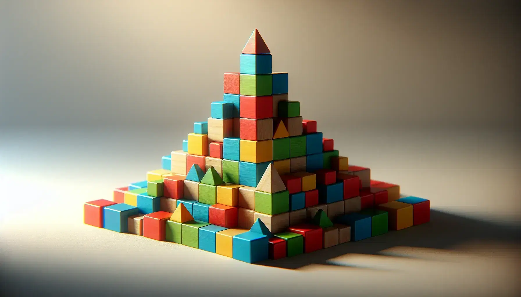 Blocchi di legno colorati impilati a forma di piramide con forme geometriche diverse su superficie neutra.