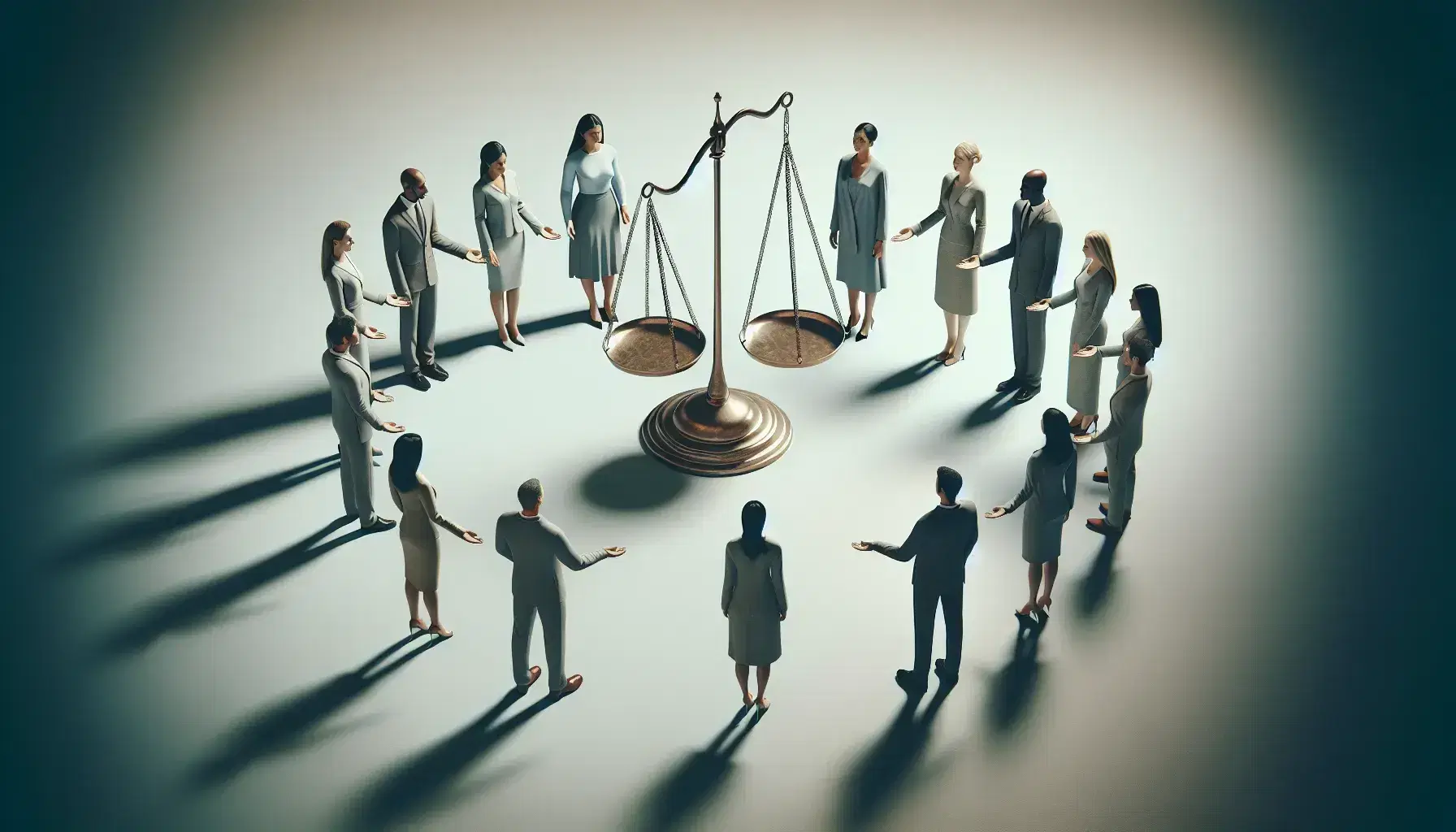 Grupo diverso de profesionales en semi-círculo con manos extendidas hacia balanza de justicia vacía, simbolizando inclusión y equidad.