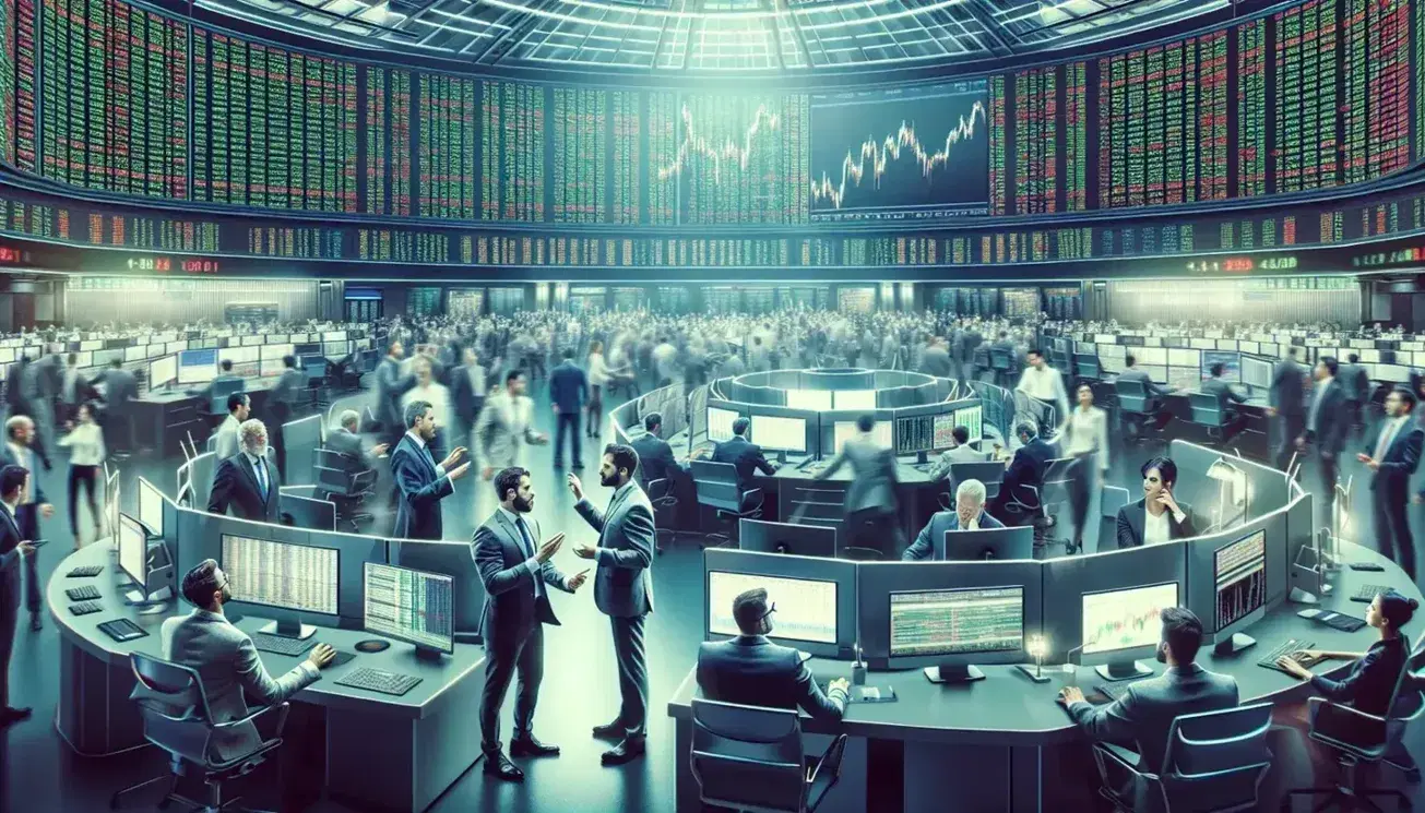 Bustling stock exchange floor with diverse traders gesturing and focusing on computers, digital ticker showing market fluctuations, and large screens with charts.