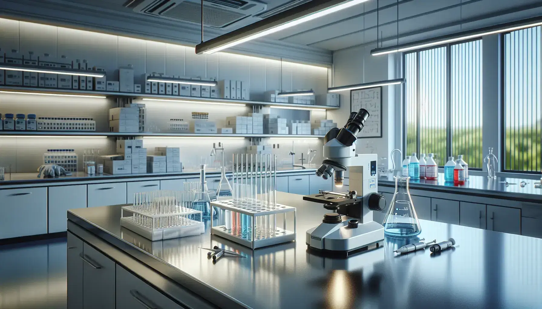 Laboratorio científico moderno con microscopio electrónico, pipetas y tubos de ensayo con líquidos de colores en un día soleado.