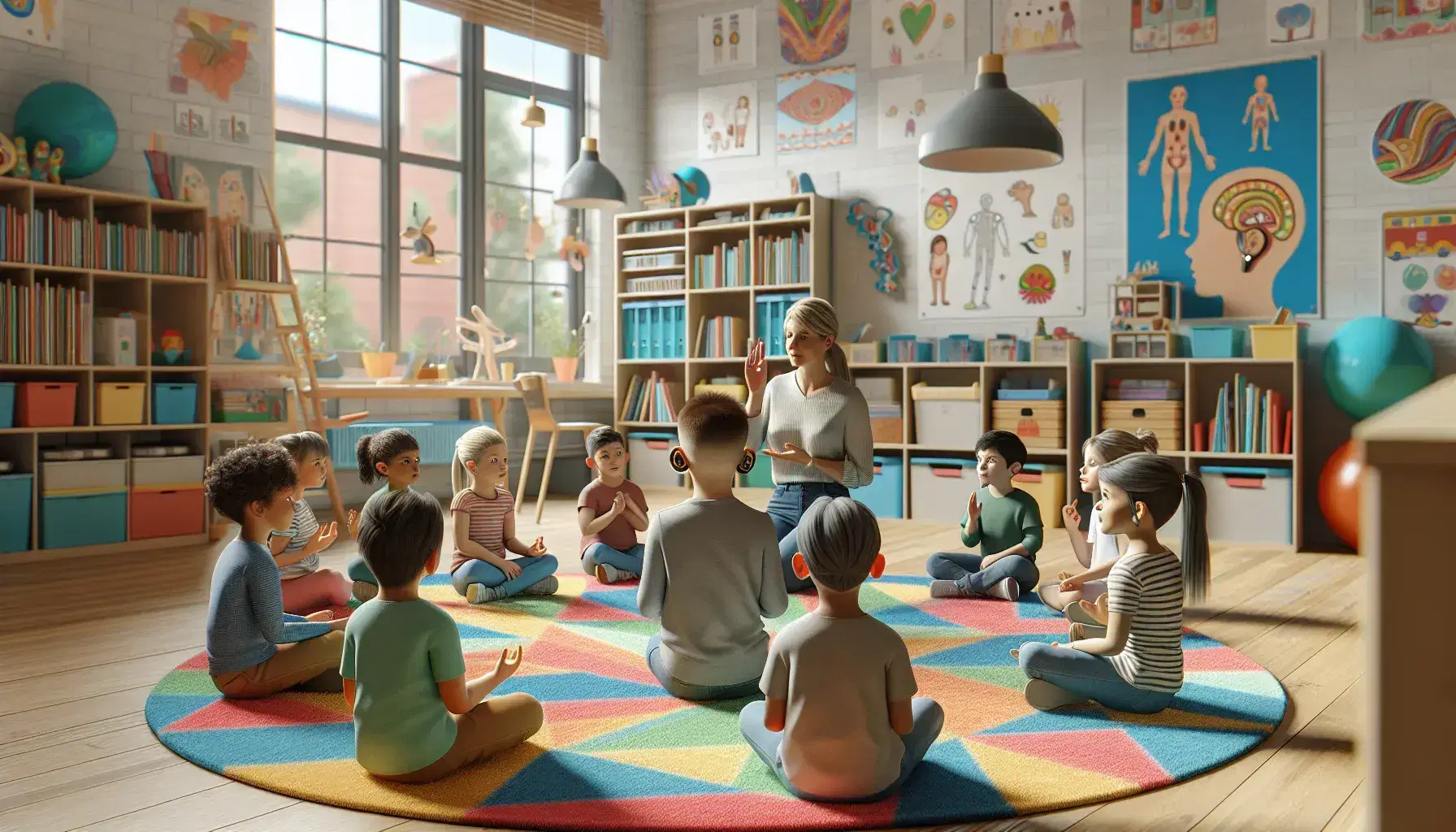 Aula colorida con niños sentados en semicírculo en alfombra geométrica, enfocados en adulto que usa lenguaje de señas, niño con implante coclear visible.