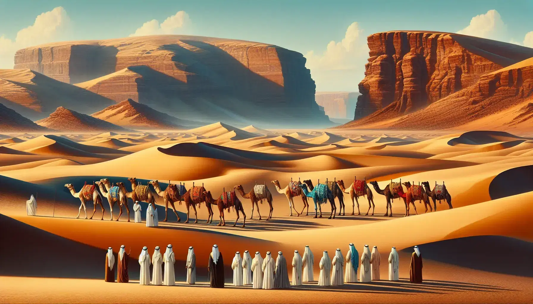 Paisaje desértico de la península arábiga con dunas de arena, camellos con sillas de montar coloridas y figuras humanas con atuendos beduinos.