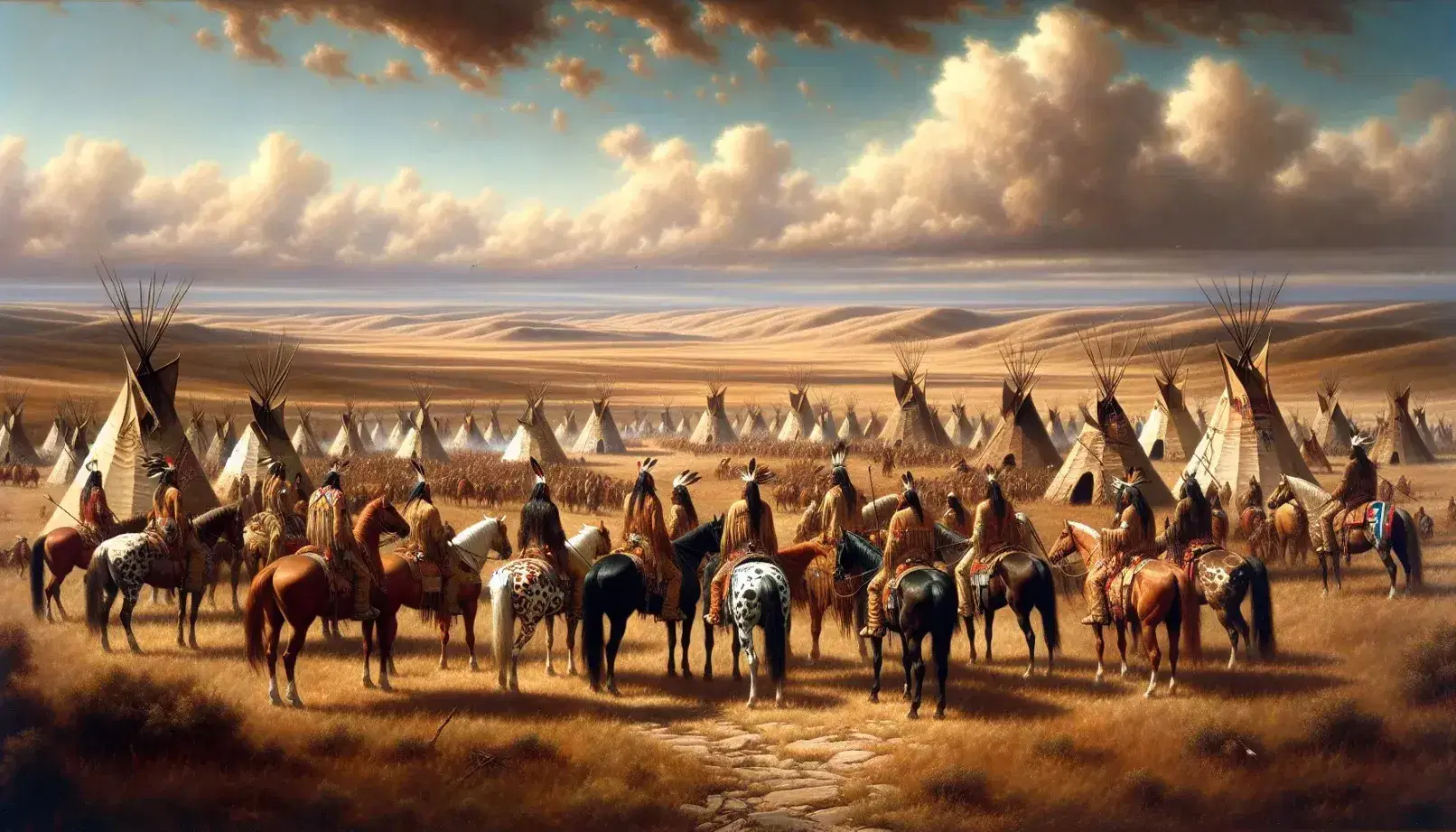 Native American warriors on horseback in traditional attire with tepees and rolling hills under a cloud-streaked sky.