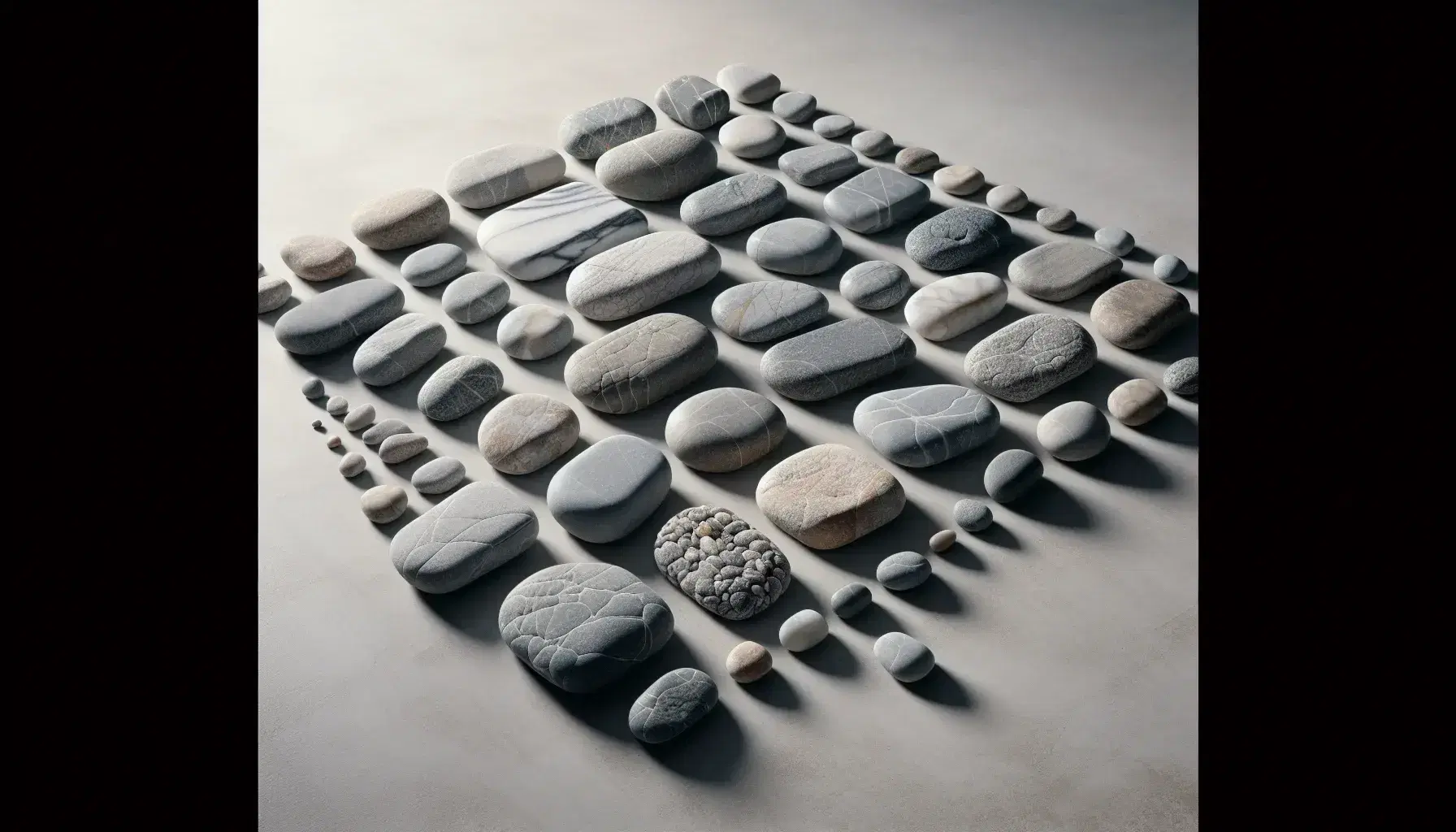 Piedras de río de distintos tamaños y formas organizadas en patrón sobre superficie lisa y clara, con sombras suaves que resaltan su textura y profundidad.