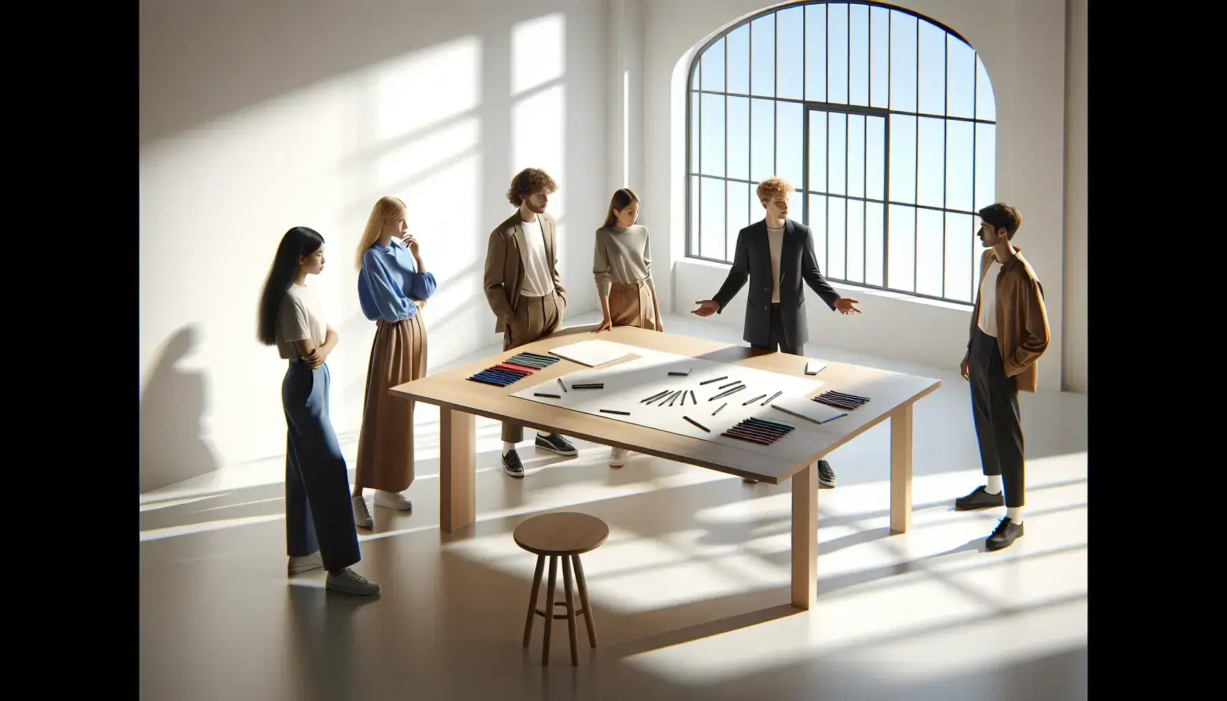 Grupo de cinco personas colaborando en una reunión de trabajo alrededor de una mesa marrón clara con papeles y lápices de colores, en una sala iluminada naturalmente.
