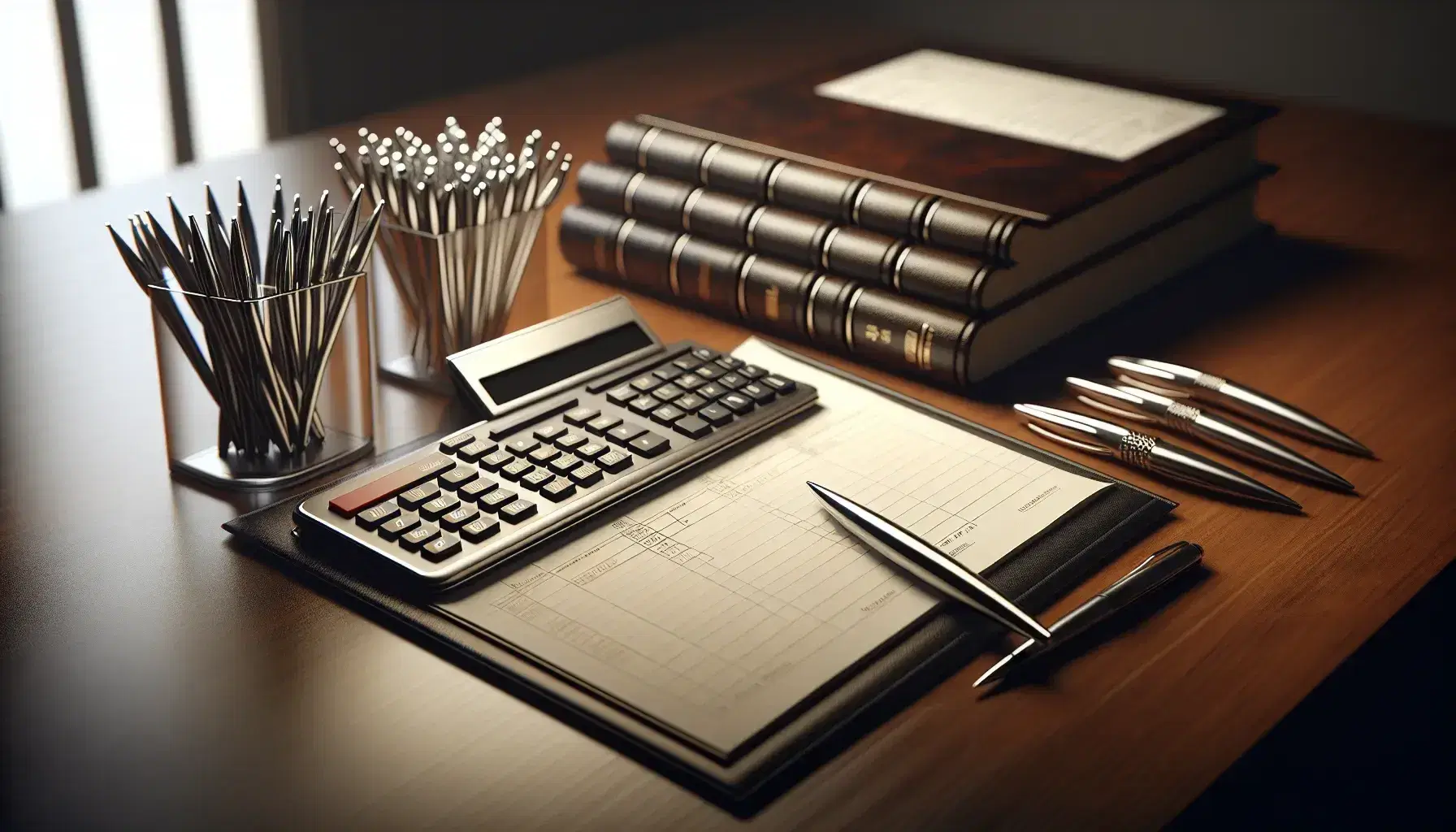 Close-up view of a modern calculator, blank paper invoices, and a closed leather ledger book on a wooden desk, with pens in a glass holder in the background.