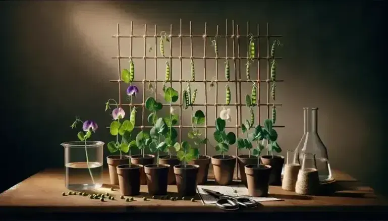 Pea plants in pots with purple and white flowers on wooden table, bamboo trellis, scissors and beaker with water in background.