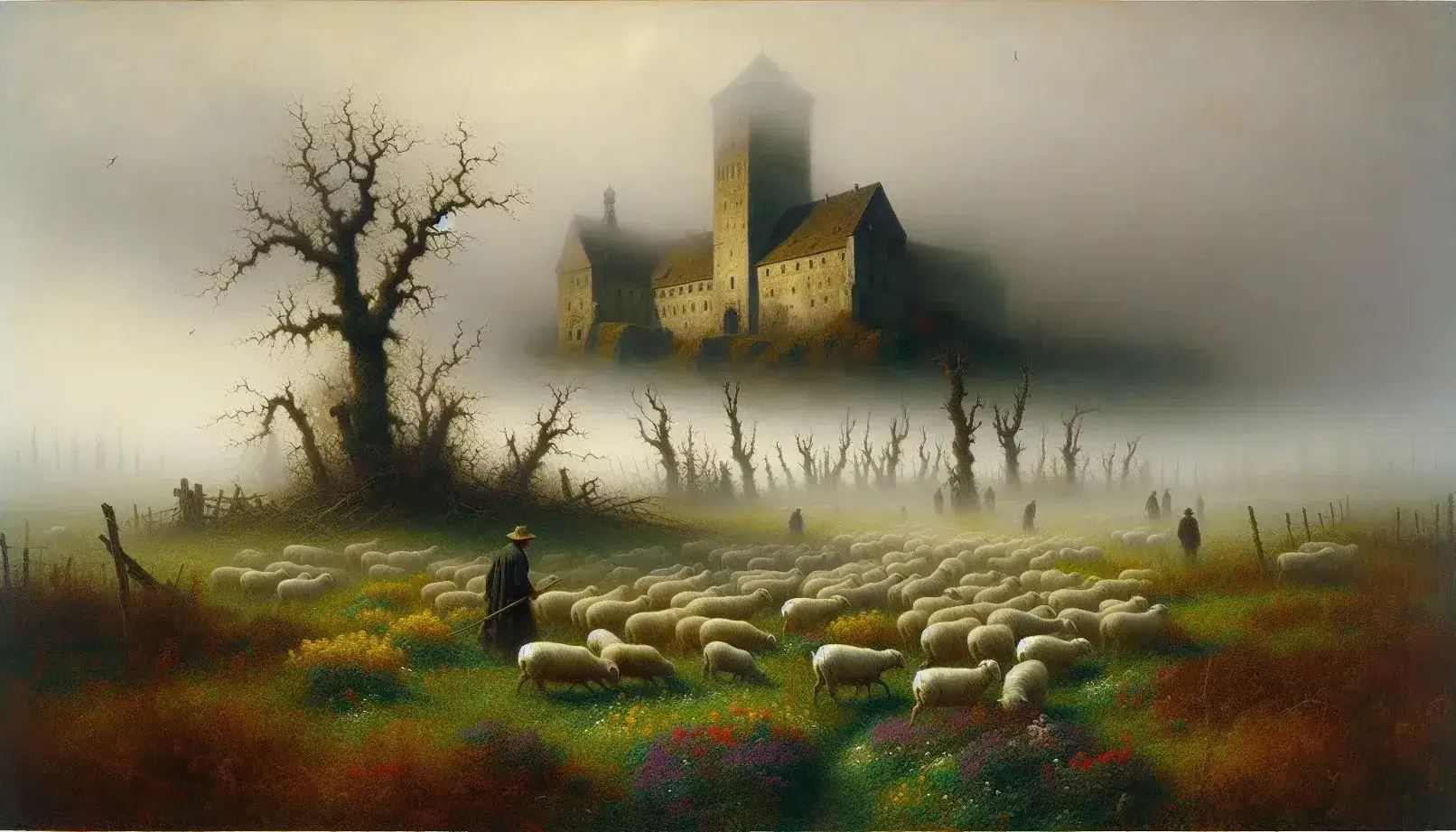 Paesaggio rurale con castello antico tra la nebbia mattutina, contadino con gregge di pecore, alberi spogli e ruscello tranquillo.