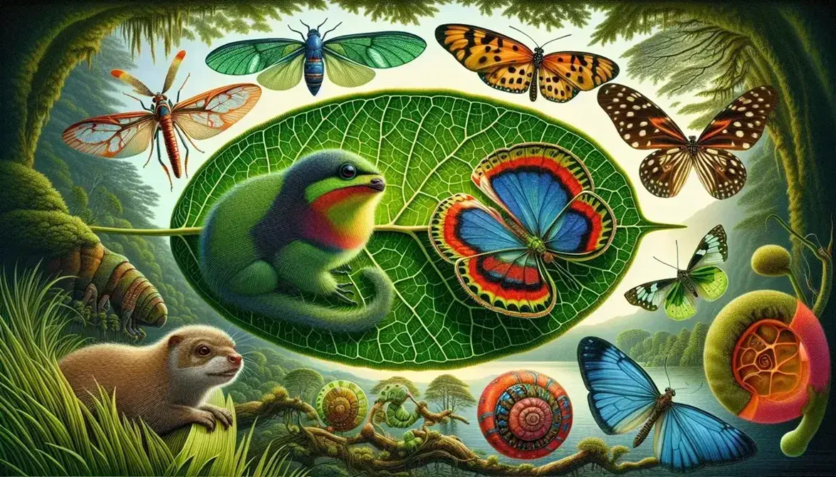 Biodiversità terrestre con insetto su foglia verde, mammifero marrone, uccello multicolore in volo, farfalla variopinta e rana verde.