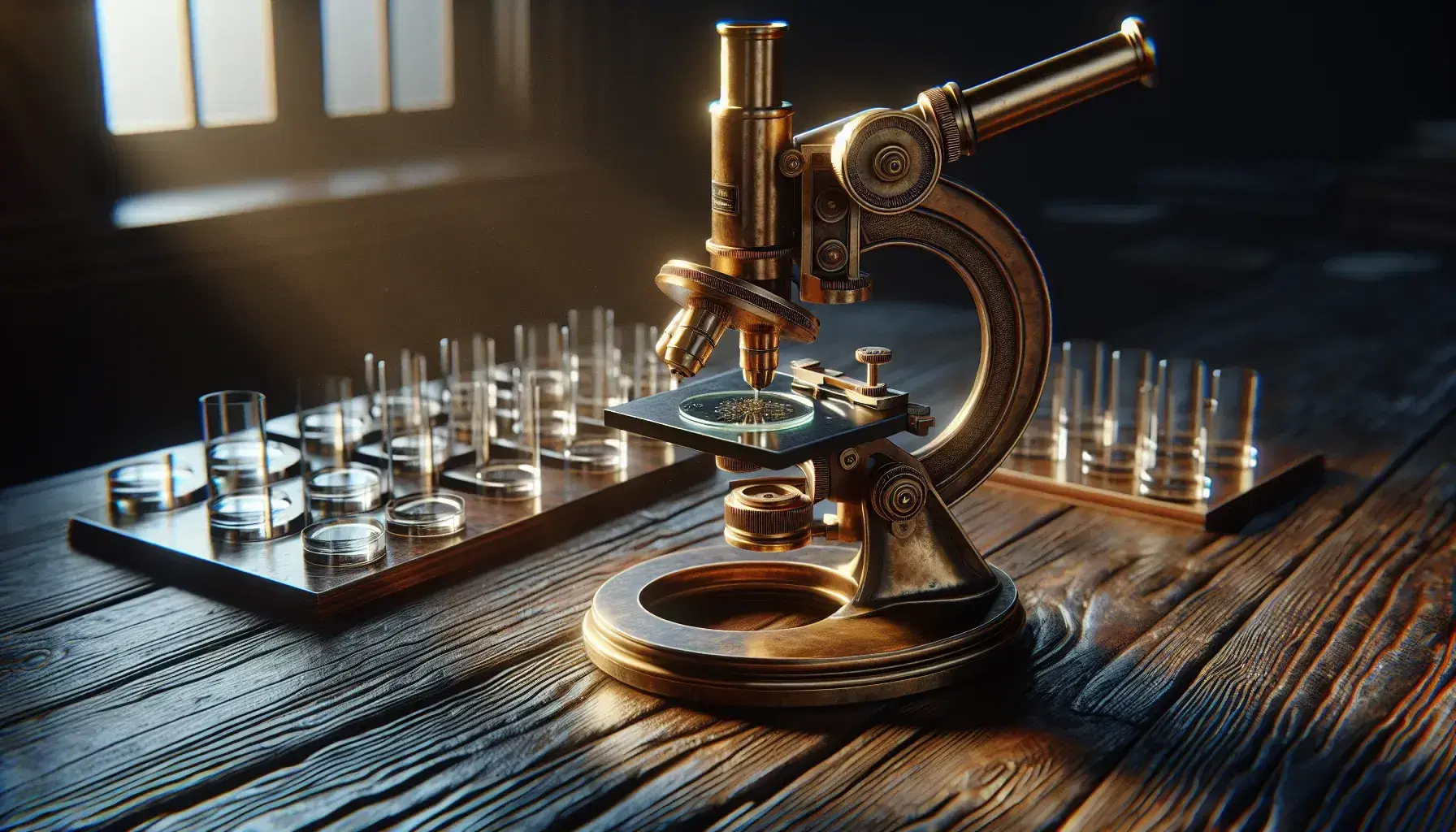 Microscopio antiguo de latón con acabado dorado sobre mesa de madera oscura, junto a filas de portaobjetos de vidrio bajo luz natural.