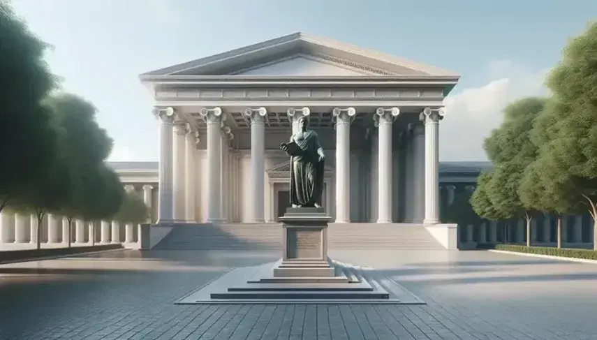 Edificio de arquitectura clásica con columnas y frontón, escalinatas al frente, estatua de bronce de hombre con toga y libro, plaza adoquinada y árboles a los lados en día soleado.