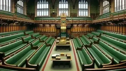 Interior view of the UK House of Commons with empty green benches, Speaker's Chair, ornate canopy, wood paneling, and brass chandeliers.