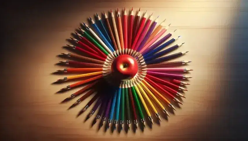 Lápices de colores en abanico con puntas afiladas apuntando hacia un manzana roja con brillo, tallo y hoja verde en superficie de madera clara.