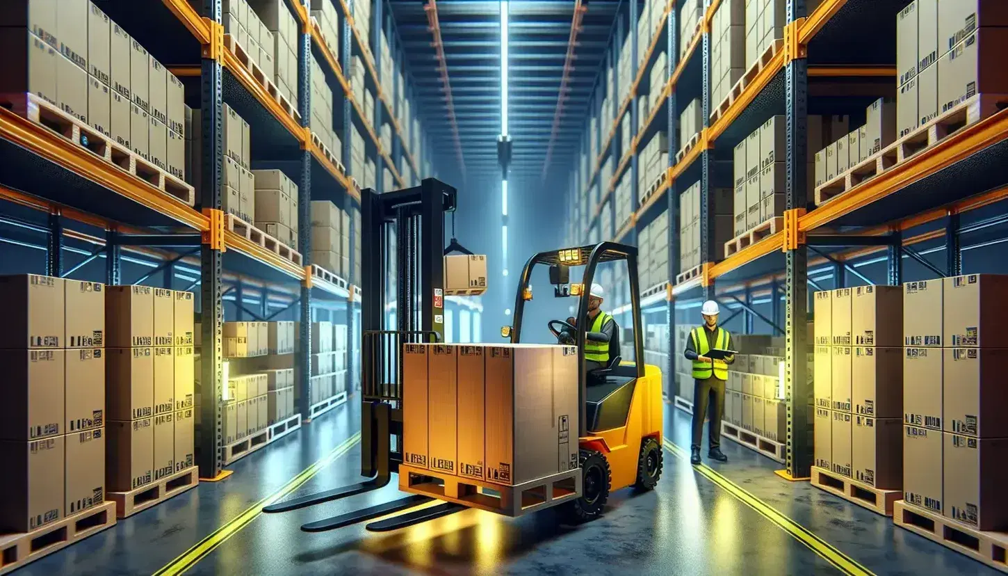 Forklift giallo solleva scatolone in magazzino logistico con scaffali di cartoni, operai con giubbotti riflettenti e caschi controllano merce.