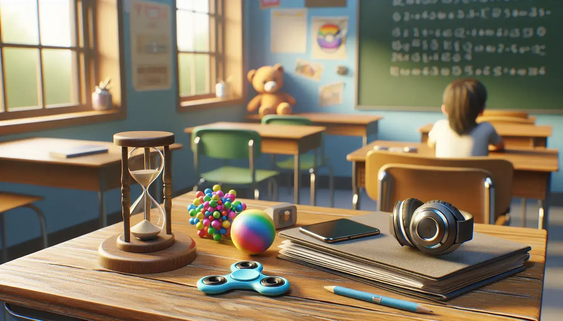 Cluttered wooden desk in classroom with natural light, various objects such as spinner, stress ball, hourglass and headphones, light blue background.