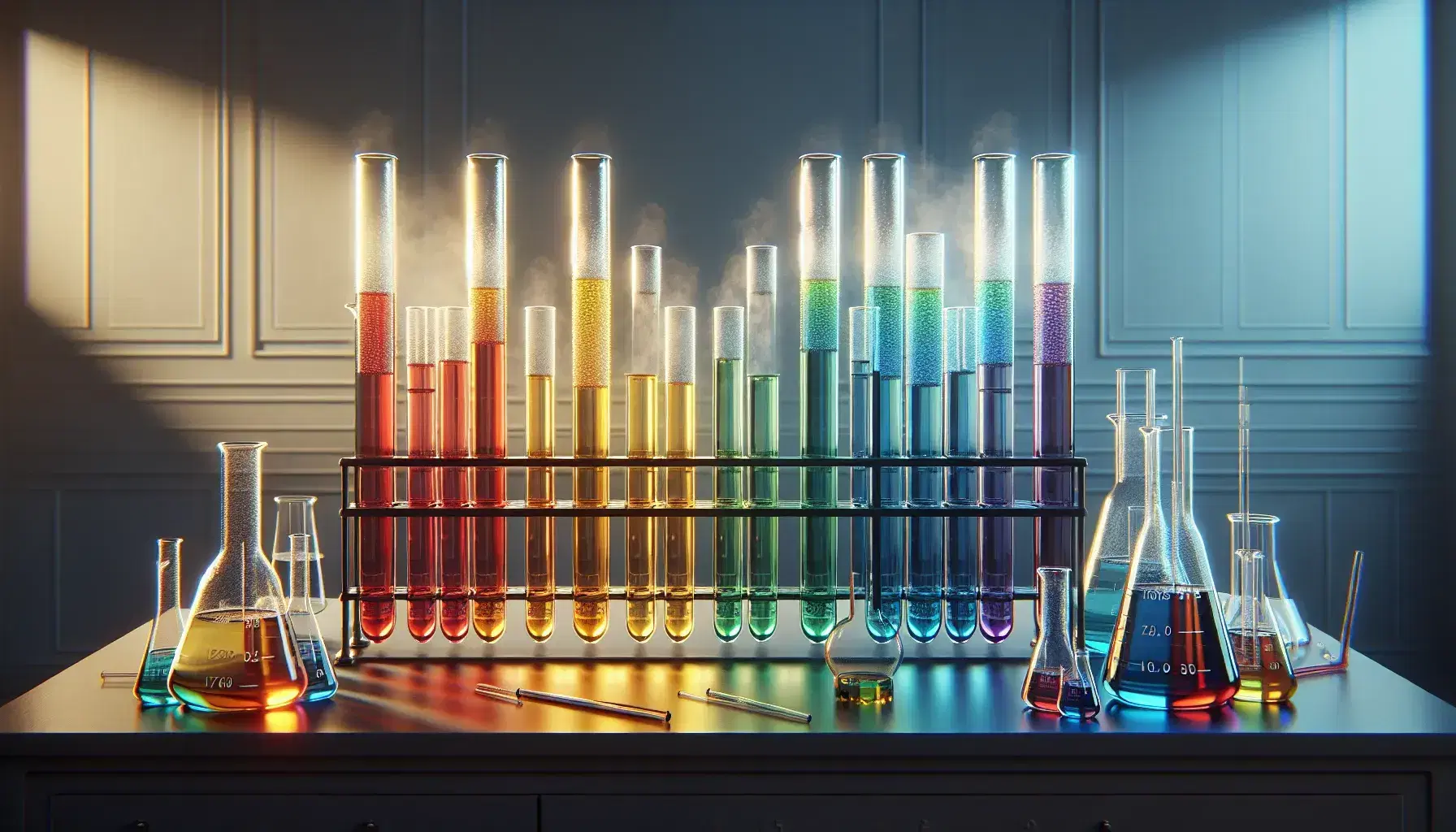 Tubi da laboratorio in vetro con soluzioni colorate arcobaleno su supporto metallico, becher con liquido nebuloso in primo piano.